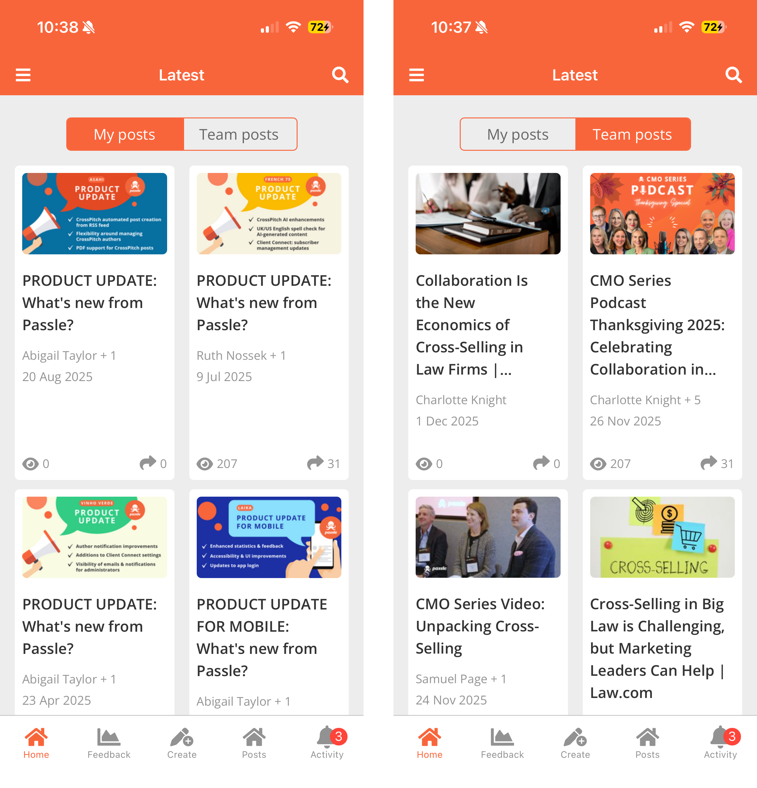 new home page on passle app showing both my posts and team posts.png