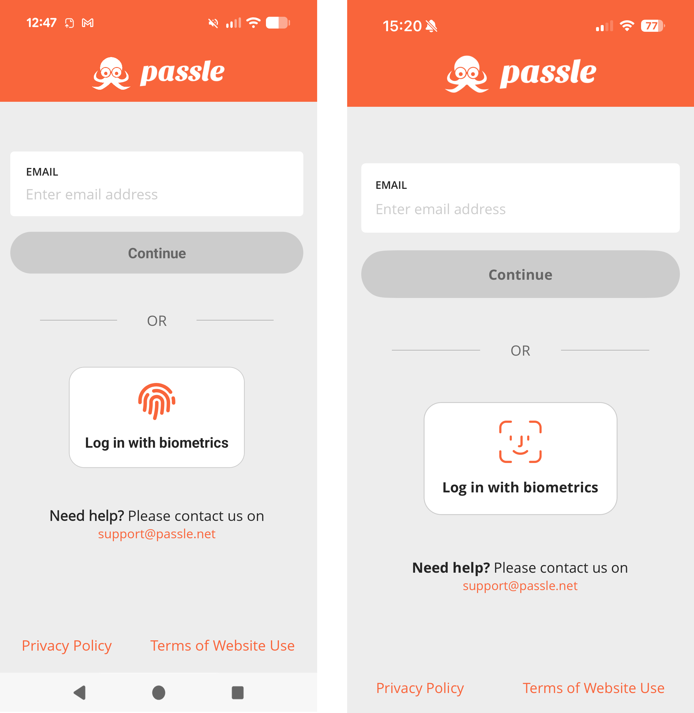 Login options for apple and android showing both biometrics and email login.png